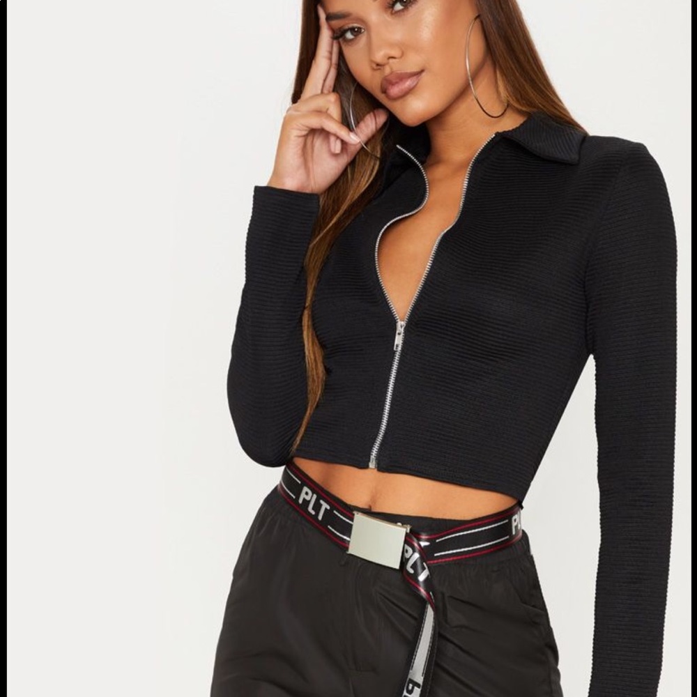 Black rib zip up crop